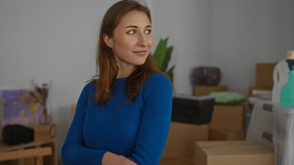 Obraz premium Woman in blue sweater smiling in new home surrounded by moving boxes and household items, depicting indoor moving experience with excitement and anticipation of settling in.