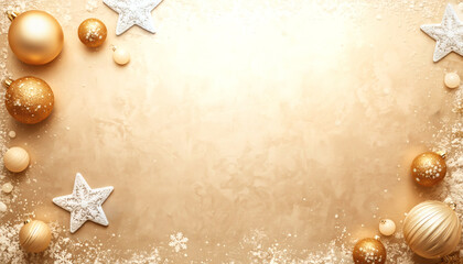 Golden Christmas Background with Baubles Stars and Snowflakes