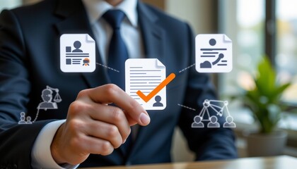 businessman check online document validation icon, concepts of practices and policies, company articles of association terms and conditions, regulations and legal advice