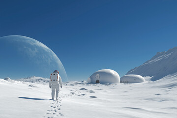 Astronaut in a White Suit Walking Across a Snow-Covered Alien Planet Towards White Habitat Domes with a Blue Sky