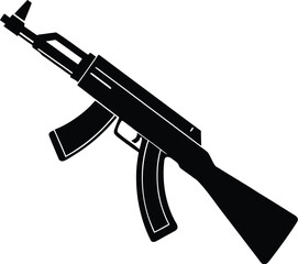a black silhouette of a ak47 on a white background, black, drawing, gun, silhouette Isometric modern ak47 rifle with wood detailing and metallic finish