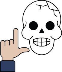 A skull with a hand pointing to the letter L