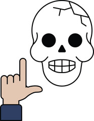 A skull with a hand pointing to the letter L