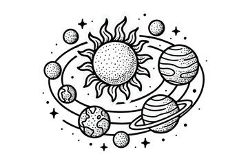 Stylized black and white cosmic solar system arrangement with orbiting planets and shining sun © icon_art