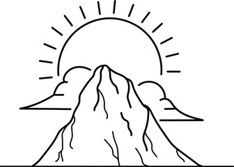 Minimalist Mountain Sunrise Line Art — Abstract Nature Landscape Drawing, Modern Sun and Mountain Illustration for Wall Art