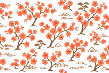 Seamless repeating design featuring stylized Japanese cherry blossom trees and landscape elements in traditional brushstroke style