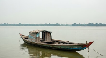 Fototapeta premium An old, weathered wooden boat floats on calm water with a hazy background