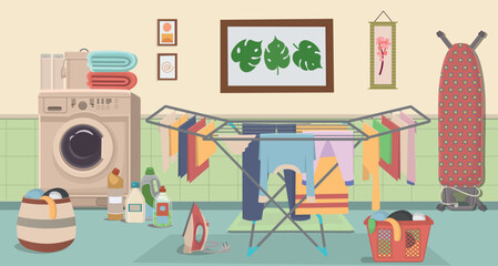 Laundry room with dirty clothes, washing machine, and shelves with powder and drying rack with clothes. Clothes are drying on lines. Clean clothes.. Vector illustration