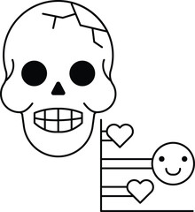A skull with a smiley face and a heart next to it