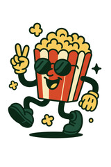 Happy retro cartoon popcorn box mascot walking and showing a peace sign