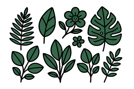 Stylized collection of green tropical leaves and botanical foliage elements with thick outlines