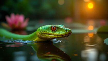 Emerald-scaled viper in shallow jungle water with vibrant sunset tones