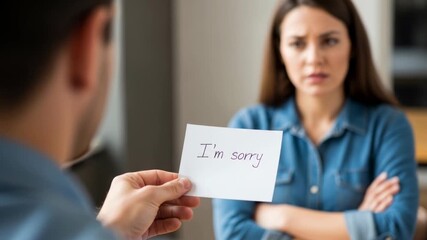 The man silently offers a written apology "i'm sorry" while the woman shakes her head, folding her arms. woman rejecting man's apology