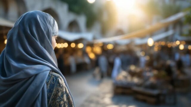 Muslim woman in niqab walking in busy marketplace street, blurred shoppers and vendor stalls behind, warm sunlight casting long shadows