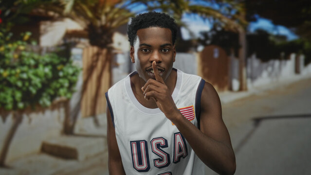 Man finger to lips for silence on sunny urban street next to blurred buildings and foliage; silence calm.