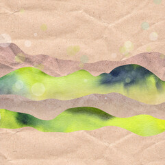 Abstract landscape with watercolor hills and kraft paper texture. Natural tones, green and beige shades.