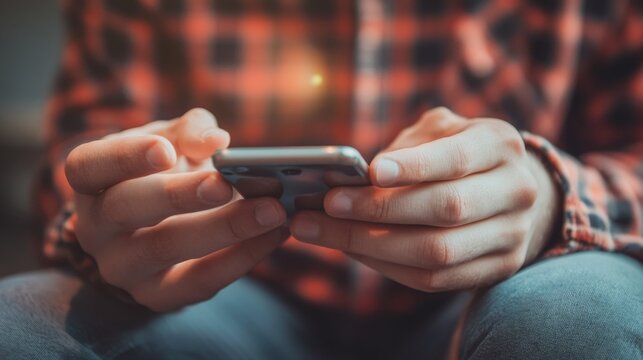 Close-up of person using smartphone with both hands, wearing flannel shirt, symbolizing mobile technology, communication, social media, texting, digital lifestyle, and online connection.