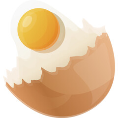Close up of a cracked brown egg with bright yellow yolk and white on a transparent background simple cartoon style illustration