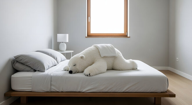 Cozy white polar bear plush toy resting on a bed ai generated