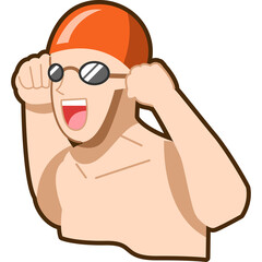 Close up of a cheerful swimmer adjusting goggles with orange swim cap and goggles on white background horizontal format