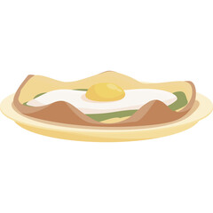 Close up of a delicious breakfast dish featuring a fried egg over ham and greens served on a light yellow plate with a transparent background
