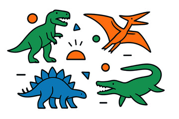 Fototapeta premium Colorful set of prehistoric creatures including Tyrannosaurus, Stegosaurus, Pterodactyl, and marine reptile
