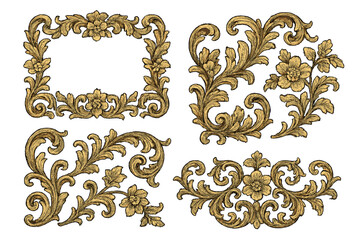 Four antique gold baroque ornamental elements with floral and acanthus leaf scrollwork decoration