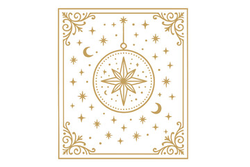 Elegant golden Christmas ornament with a central star and celestial elements framed by decorative swirls
