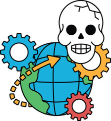 A skull is surrounded by gears and a globe