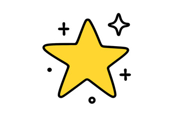 Bright yellow five-pointed star in doodle style outline surrounded by sparkle elements