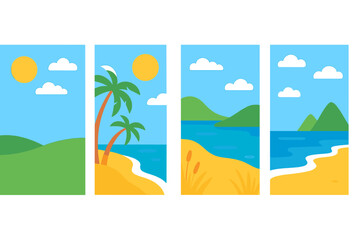 Obraz premium Set of four vertical summer landscape backgrounds with sunny skies, beaches, and green mountains