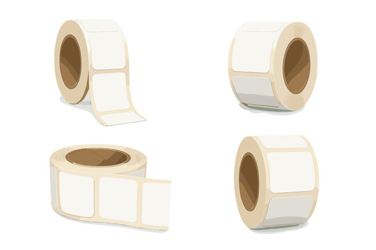 Four views of white blank adhesive labels on a roll ready for printing or product packaging