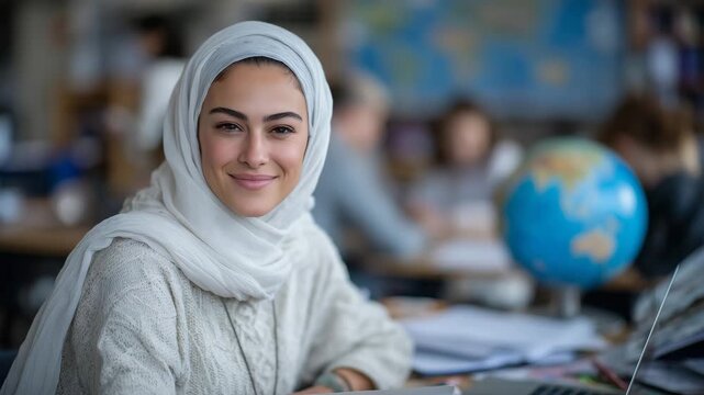 Portrait of a young Muslim teacher at her desk, laptop open with notes scattered around, classroom globe and maps in the background