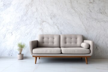 Fototapeta premium Minimalist sofa against a striking marble wall creates modern elegance.