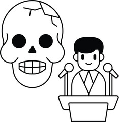 A skull is shown next to a man with a microphone