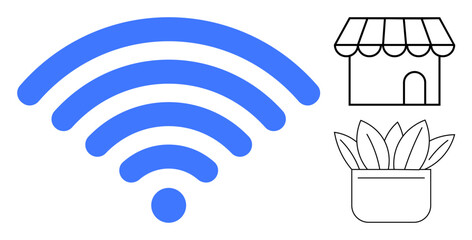 Blue wireless signal icon, storefront, and potted plant representing internet access, small business growth, remote work, eco-consciousness, technology connectivity, online services, modern