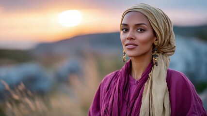 Profile portrait of Muslim woman in beige hijab, bathed in rich sunset colors of magenta and gold, serenity and grace emphasized - Powered by Adobe