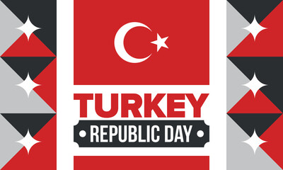 Turkey Republic Day. National happy holiday, celebrated annual in October 29. Turkish flag. Patriotic elements. Poster, card, banner and background. Vector illustration