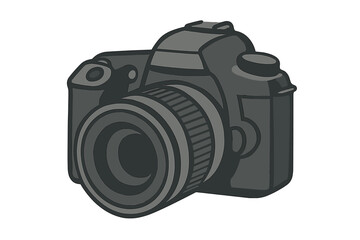 Stylized gray digital single lens reflex camera with large zoom lens isolated on white