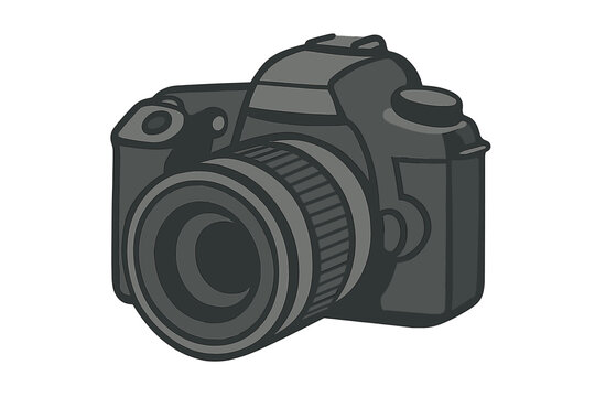 Stylized gray digital single lens reflex camera with large zoom lens isolated on white