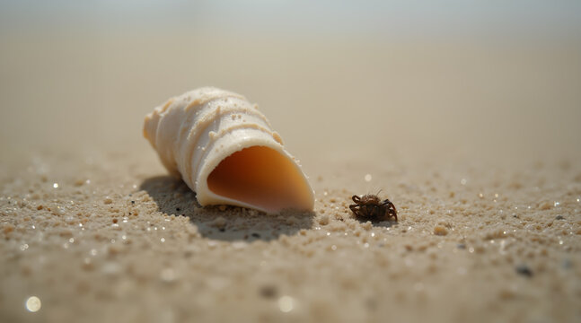 Sharp close-up of a tiny crab exploring a textured white shell on warm beach sand. Peaceful and clean composition. - Powered by Adobe