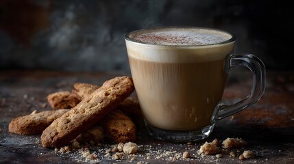 A steaming cup of cappuccino with frothy foam and cinnamon sits beside biscotti cookies on a rustic textured surface