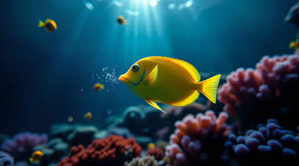 Obraz premium Cinematic underwater capture with vivid fish and dramatic coral reef textures.