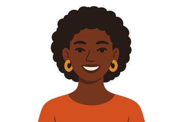 Smiling Black woman with natural curly hair and gold hoop earrings portrait on white background