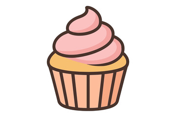 Delicious single serving cupcake with swirled pink frosting and a light orange wrapper on white background