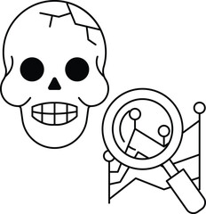 A skull with a magnifying glass next to it