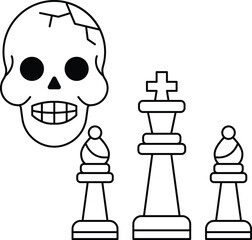 A skull is on top of a chess board with a king and a pawn