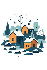 Naklejka premium Cozy winter village landscape with snow covered houses and evergreen trees