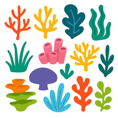 Vibrant cartoon underwater plants and colorful coral reef elements isolated on white background