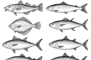 Vintage engraving of edible marine fish pattern including cod, tuna, and flounder